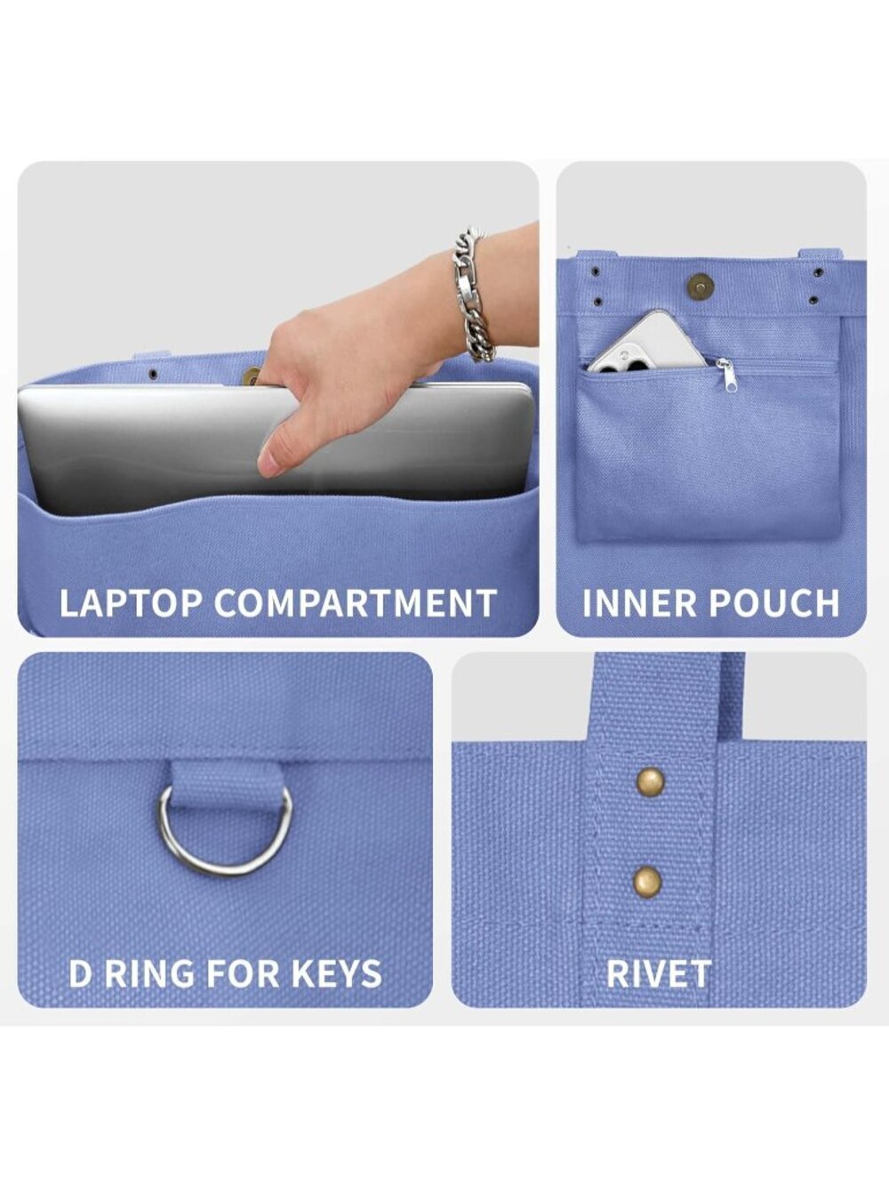 Women’s Violet Everyday Tote Bag Pockets Laptop Sleeve Work Bag - Picture 5 of 6